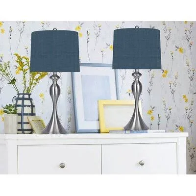 Pennsylvania 27x22 Table Lamp Set Rosdorf Park Base Color: Brushed Nickel, Shade Color: Navy Blue