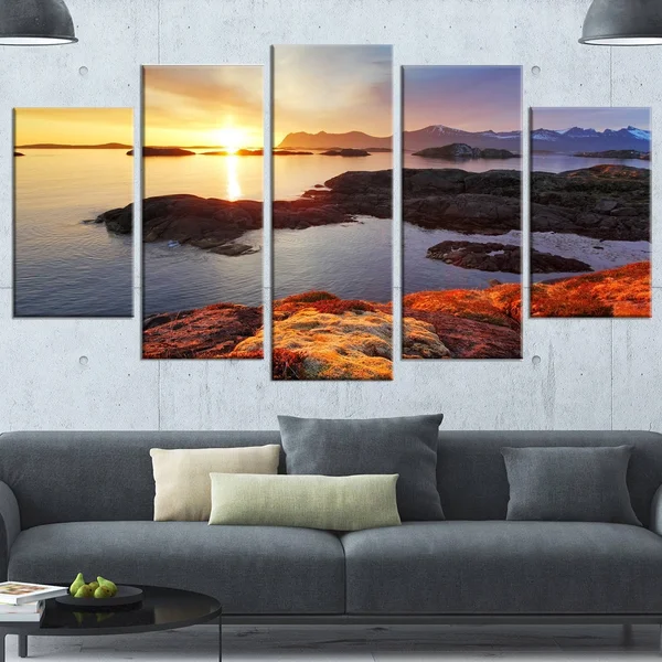 Designart PT14793-60-28 Ocean Coast Nice Sunset in Norway Canvas Artwork Print, 60X28x22