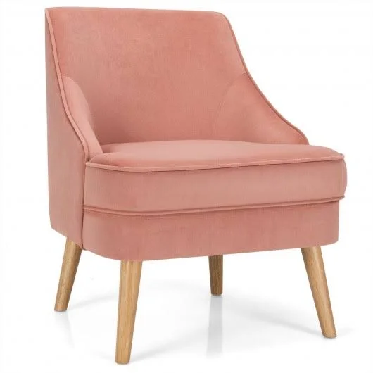 Velvet Upholstered Accent Chair with Rubber Wood Legs-Pink, Costway