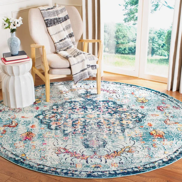 Safavieh Madison Sabire Boho Medallion Distressed Rug (10& x 10& Round - Navy/Light Blue)