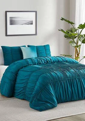 Cedar Court Garment Washed Smocked Stripe Cable Braid Blue, 4 Piece Comforter Set-King