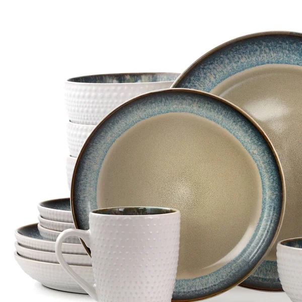Elama 16-Piece Stoneware Dinnerware Set - Modern Dot