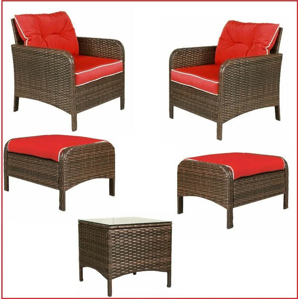 Costway 5 PCS Rattan Wicker Furniture Set Sofa Ottoman with Brown Cushion Patio Garden Yard