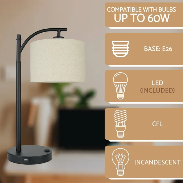 Kira Home York 18x22 Minimalist Arc Table Lamp w/ 2.0 Amp USB Charging Port, Honey
