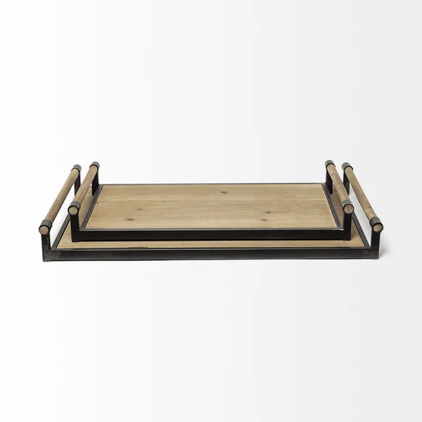 HomeRoots S/2 Light Brown Wood with Matte Black Metal Frame and Two Handles Trays (376039)