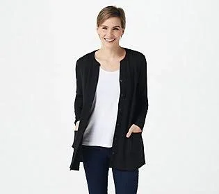 Isaac Mizrahi Live! Essentials Pima Buttonfront Topper - Size X-Small, Black