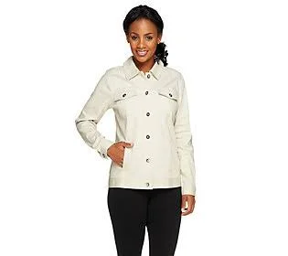 Denim & Co. Stretch Twill Jean Jacket withBling Buttons, Size 1X, New Stone