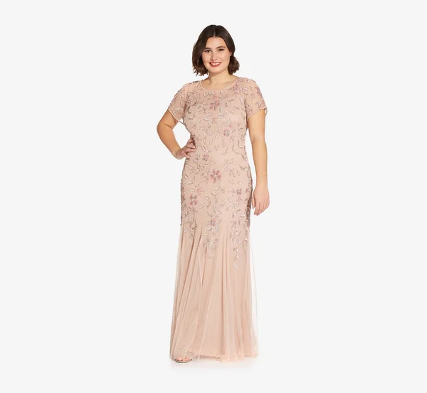 Adrianna Papell Hand Beaded Short Sleeve Floral Godet Gown, Blush, Size: 20