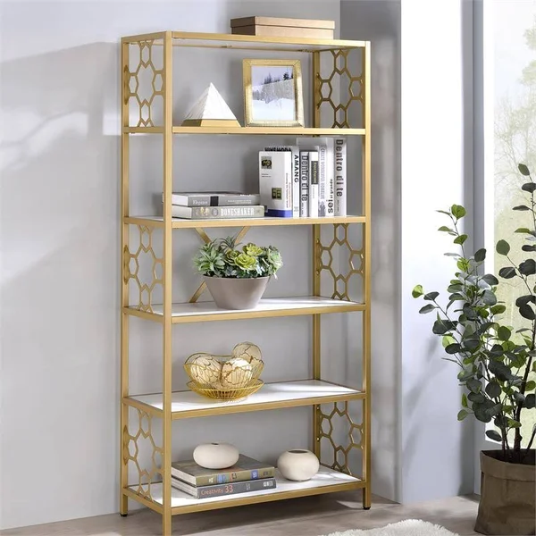 Furniture of America Abair Metal 5-Shelf Bookcase in White and Gold