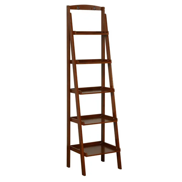 Benjara 72 Inches 5 Tier Wooden Ladder Bookcase with 2 Hooks - Brown