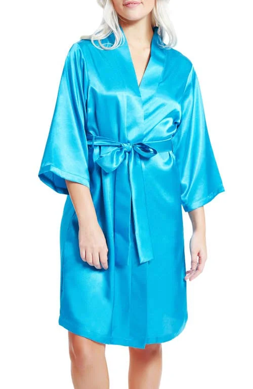 iCollection Long Sleeve Satin Robe - Size Medium in Teal at Nordstrom