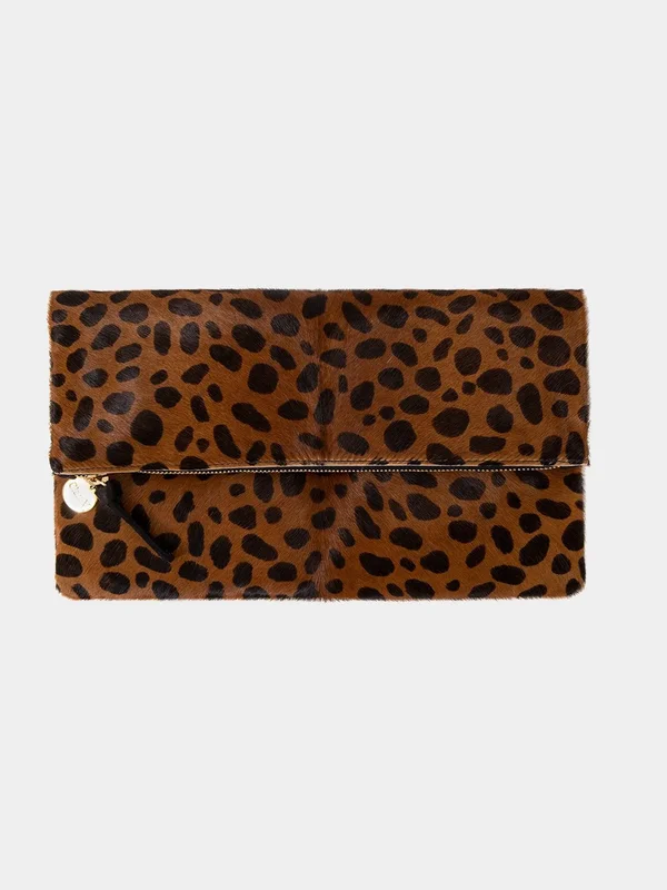 Clare V. Genuine Calf Hair Leopard Print Foldover Clutch - Brown