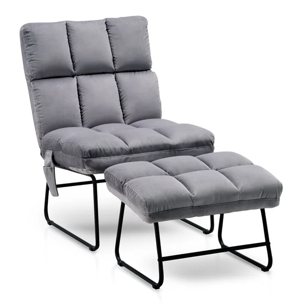 Mcombo Accent Chair with Ottoman, Velvet Modern Side Pocket Metal Legs, Club Chair Lounge Sofa Couch 0014 - Blue