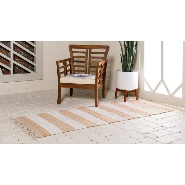 Unique Loom Chindi Rag Striped Area Rug 2& 2 x 10& Runner Beige/Tan