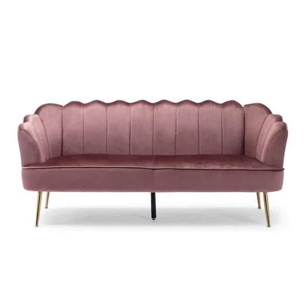 Noble House Thelen Velvet Channel Stitch 3 Seater Shell Sofa - Blush Pink and Gold