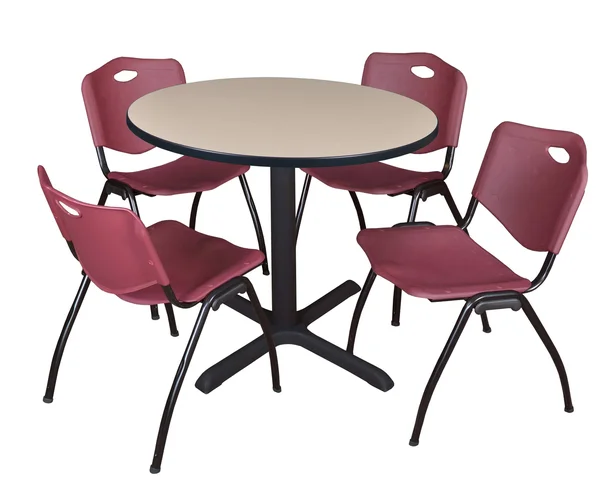 Cain 36x22 Round Breakroom Table- Beige & 4 &M& Stack Chairs- Burgundy