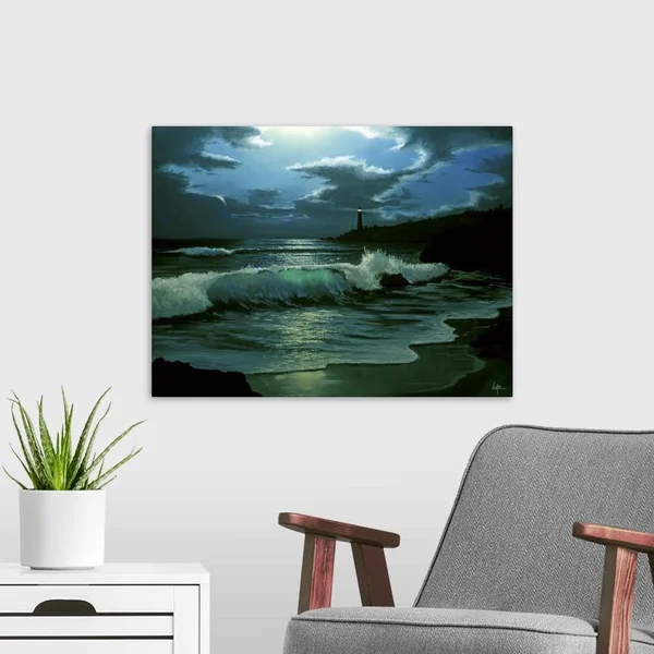 Waves Coming in on Shore, with A Lighthouse in The Distance, at Night, Large Solid-Faced Canvas Wall Art Print, Great Big Canv