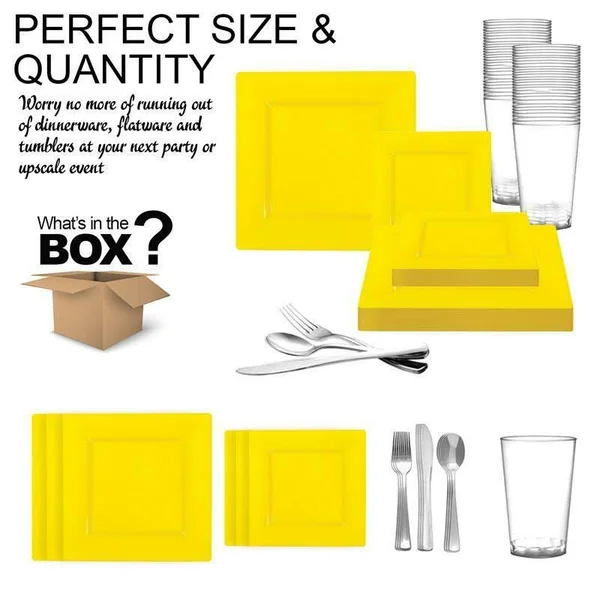 60 Settings - Yellow Square Plastic Wedding Value Set