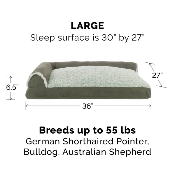 FurHaven Two-Tone Faux Fur & Suede Deluxe Chaise Lounge Pillow Sofa-Style Dog Bed Pet Bed Dark Sage Large