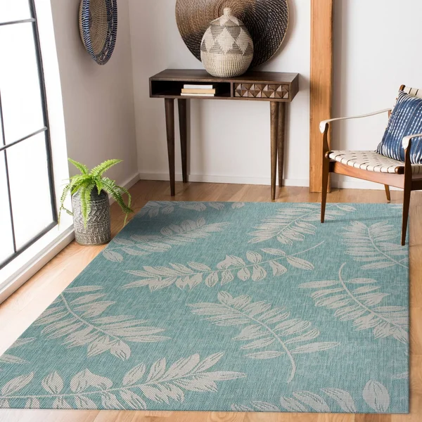 Teal Ash Leaves Indoor/Outdoor Rug - 7&10x22 x 9&10x22