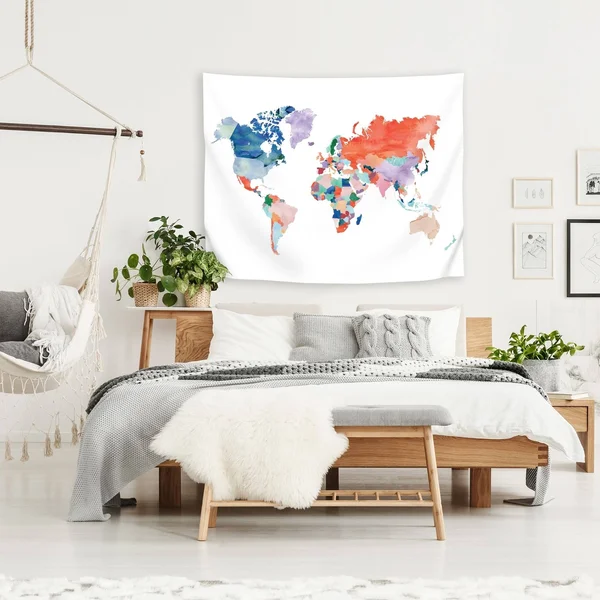 Americanflat - Watercolor World Map by Elena David - 88x22x104x22 Wall Tapestry