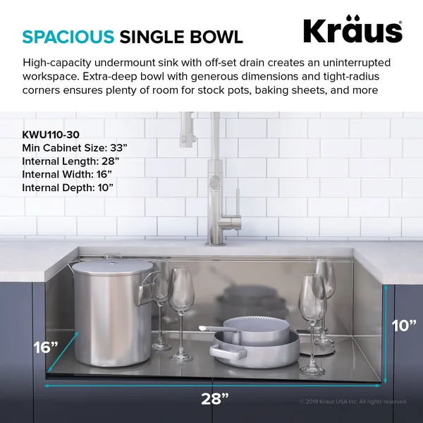 Kraus KWU110-32/5.5 32 inch Kore ADA Workstation Undermount 16 Gauge Stainless Steel Single Bowl Kitchen Sink with Accessories