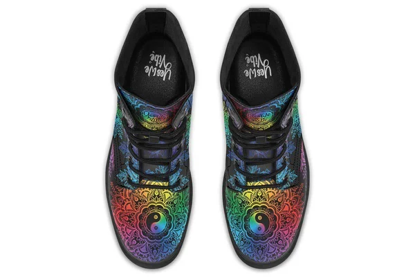 Colorful Yin Yang Boots - Black Mandala Vegan Boots, YesWeVibe Men's Boots, Black Sole, US 3, EU35
