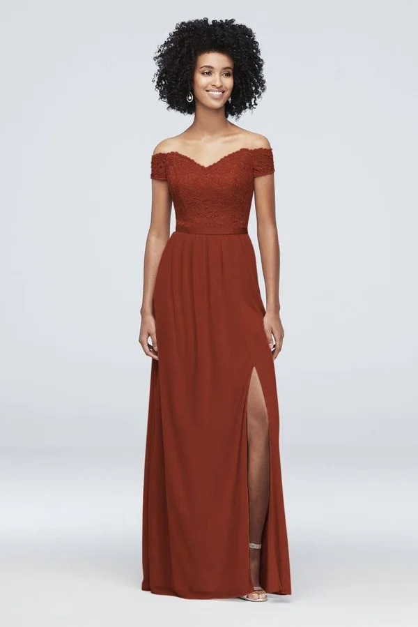 Off-The-Shoulder Lace and Mesh Bridesmaid Dress - Cinnamon (Brown), 24