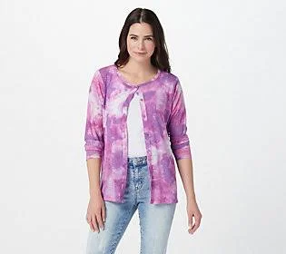 Logo Layers by Lori Goldstein Tie-Dye SheerMesh Cardigan - Size 4X, Royal Lilac