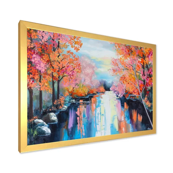Designart 'Orange Autumn Forest by The River' Lake House Framed Art Print - 32 in. Wide x 16 in. High - White