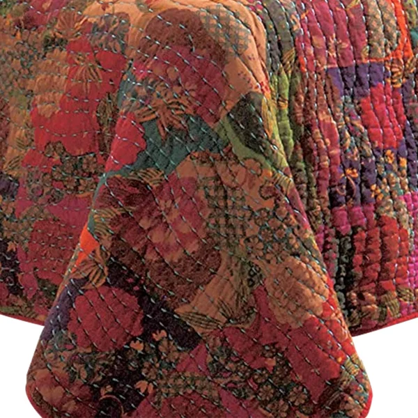 Benjara Tisa 2 Piece Reversible Twin Quilt Set with Floral and Fruit Pattern, Multicolor
