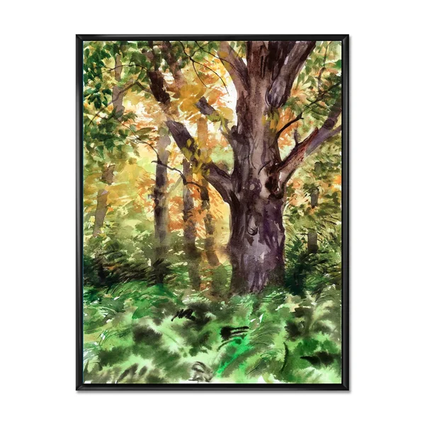 Designart 'Large Tree in Autumn Forest' Lake House Framed Canvas Wall Art Print - 12 in. Wide x 20 in. High - Black