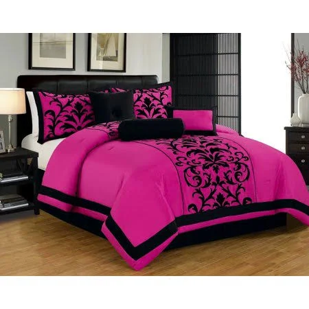 Donna Queen Size 8-Piece Damask Flocking Over Sized Comforter Bedding Set Pink & Black - 90" x 90"