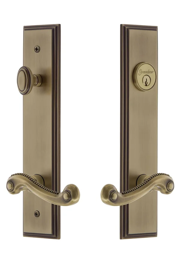 Grandeur Hardware Carre' Tall Plate Complete Entry Set Newport Lever in Vintage Brass
