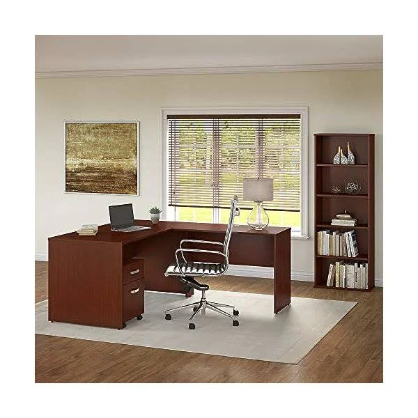 Bush Furniture Commerce 60W L Shaped Desk with Mobile File Cabinet and Bookcase in Autumn Cherry