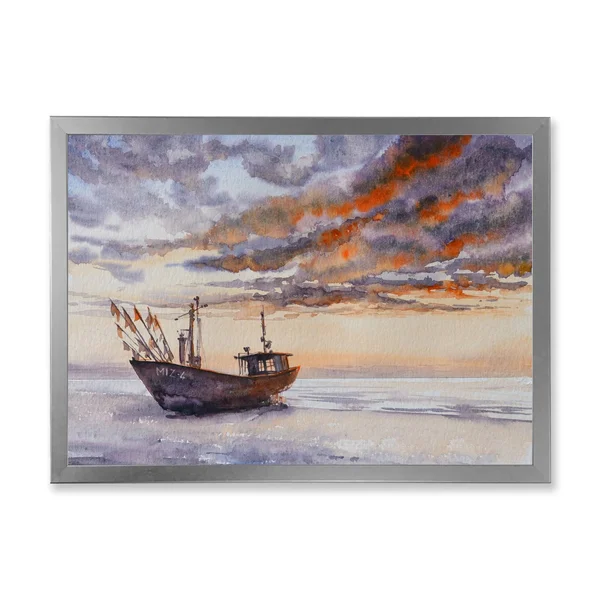 Designart &Wooden Fishing Boat on The Baltic Shore& Nautical & Coastal Framed Art Print - 32 in. Wide x 24 in. High - Black
