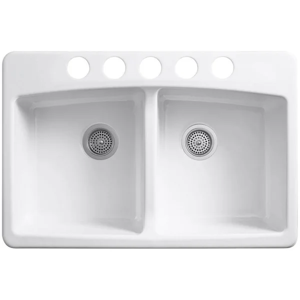 Kohler Brookfield Undermount Cast Iron 33 in. 5-Hole Double Bowl Kitchen Sink in White