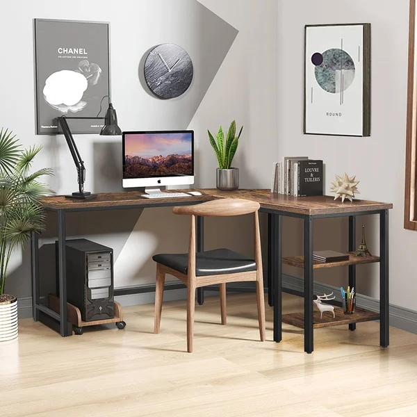 Veikous 53.5 in. W Industrial L-Shaped Computer Writing Corner Desk with 2-Shelves