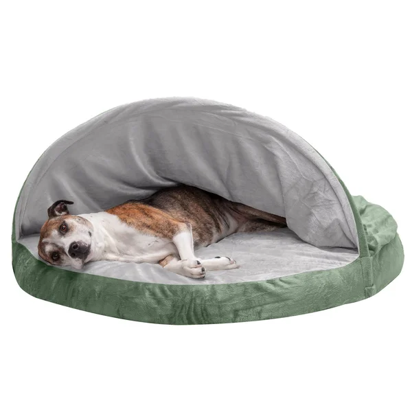 FurHaven Snuggery Burrow Dog Bed - Microvelvet Cooling Gel Foam, 44x22 Round, Sage