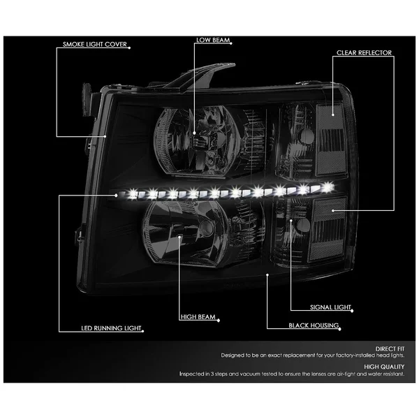 DNA Motoring for 07-14 Chevy Silverado 1500 2500 3500 LED DRL Strip Headlight Smoked Housing Clear Corner Headlamp 08 09 10 11