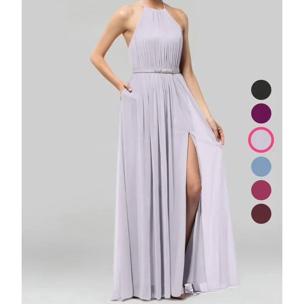 Azazie A-Line/Princess High Neck Floor-Length Mesh Bridesmaid Dresses - Fog