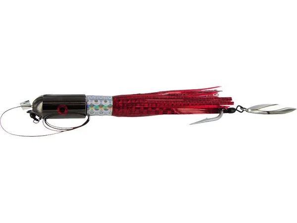 Catchy Tackle Cbb6-05 Bomb Black Chrome Mylar Skirt Rigged 150#Wire 7/0 Siwash Hook - 6 oz, Red/Black