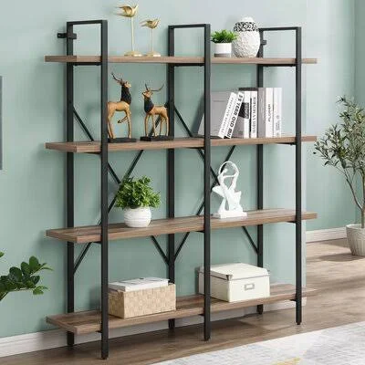 Double Wide 4-Tier Bookcase Storage Organizer - Industrial Large Open Metal Bookshelf Furniture, Etagere for Home & Office, V