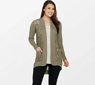 Logo by Lori Goldstein Open Front Slub Cardigan w/ Lace Detail - Size XX-Small, Willow