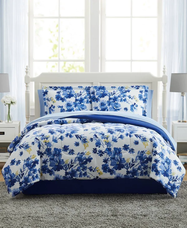 PEM America Blue Watercolor Floral Full 8pc Comforter Set - Blue
