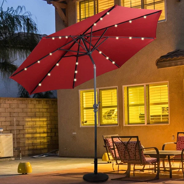 Costway 10ft Patio Solar Umbrella LED Patio Market Steel Tilt w/ Crank (Burgundy)