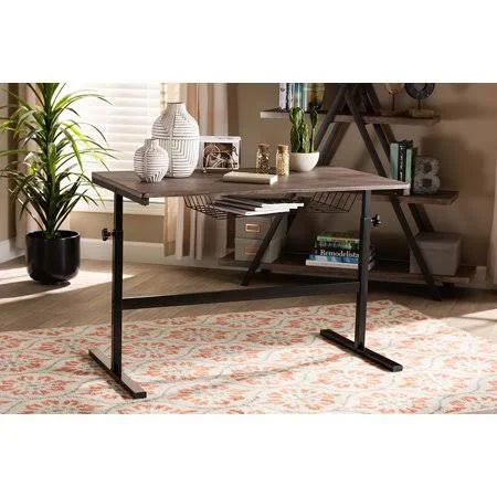 Skyline Decor Anisa Modern and Industrial Walnut Finished Wood and Black Metal Height Adjustable Desk
