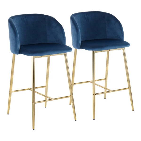 LumiSource Fran Contemporary Counter Stool, Set of 2 - Chrome, Blue Velvet