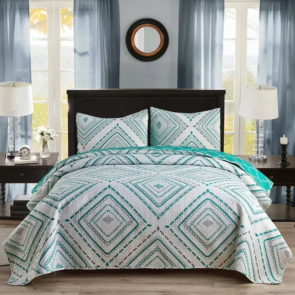 Boho Stripe Quilt Reversible 3 Piece Bohemian Design Bedding Set - Turquoise - King