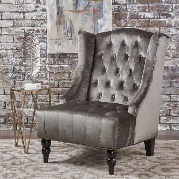 Talisa Winged High-Back Tufted New Velvet Club Chair (Navy Blue)